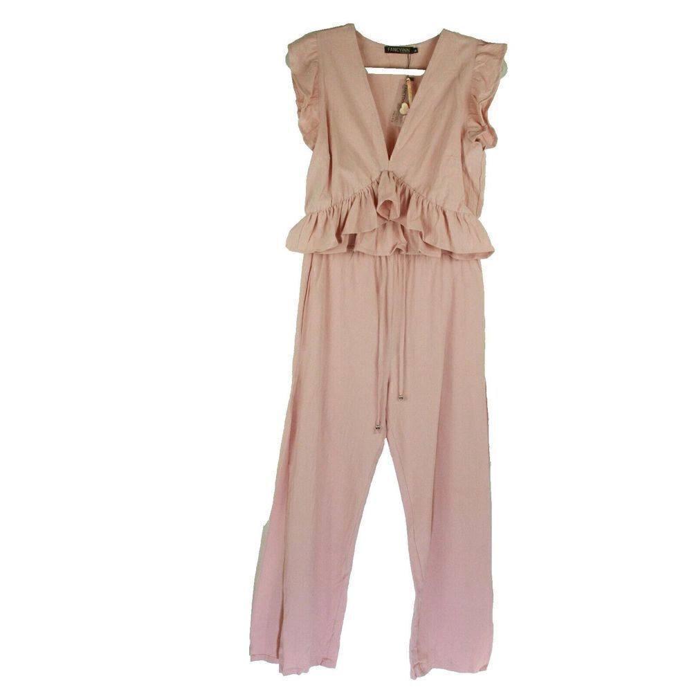Fancy Inn Jumpsuit 2-Piece Top Pants Pink Ruffle Boho Cotton Blend Womens S NWT